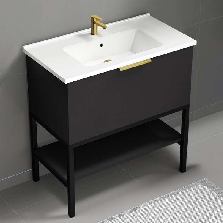Bathroom Vanity Matte Black Free Standing Bathroom Vanity, Gold Handle, 34 Inch Nameeks BODRUM32